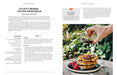 Recipe page for fluffy peach-filled pancakes with a photo of pancakes being drizzled with syrup.