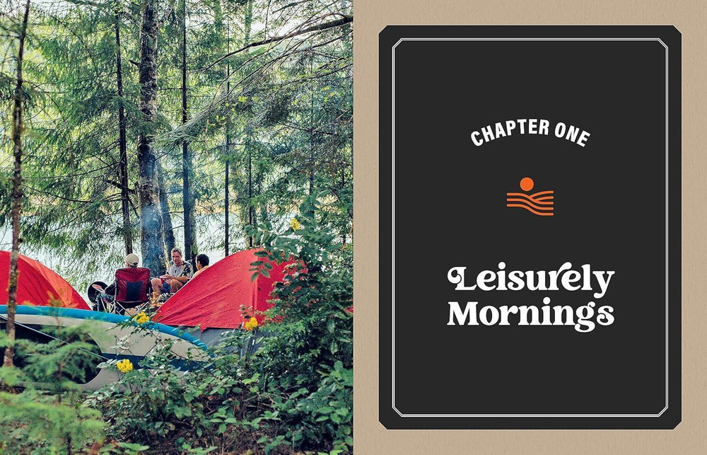 Camping scene with red tents in a forest and 'Leisurely Mornings' branding.