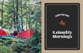 Camping scene with red tents in a forest and 'Leisurely Mornings' branding.