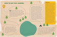 Instructions for using a camping journal with illustrations and text on a cardboard background.