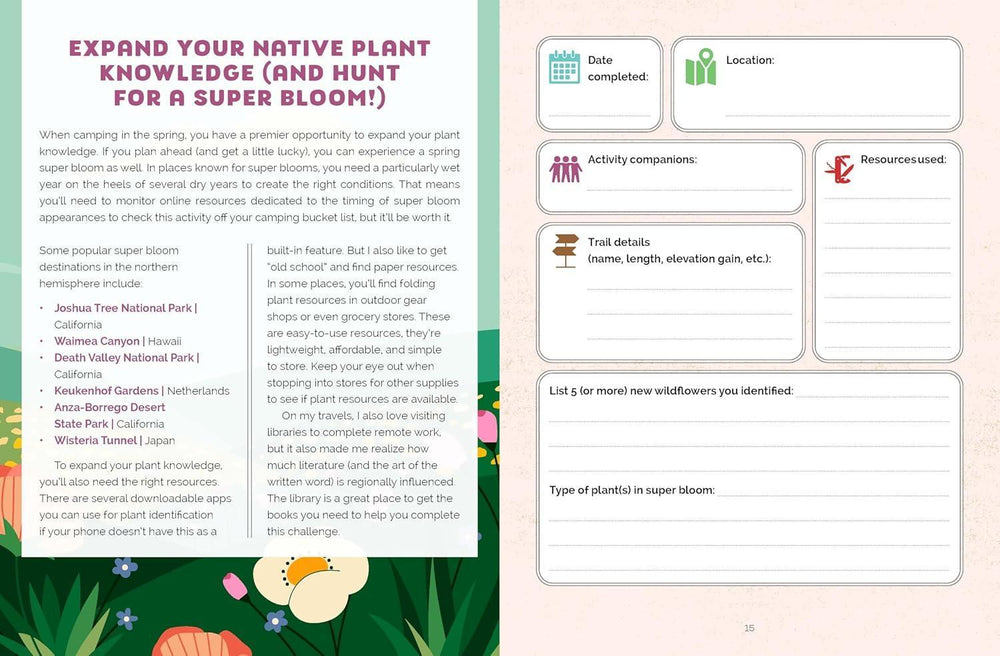 Sheet with gardening activities and plant knowledge expansion prompts on a colorful background