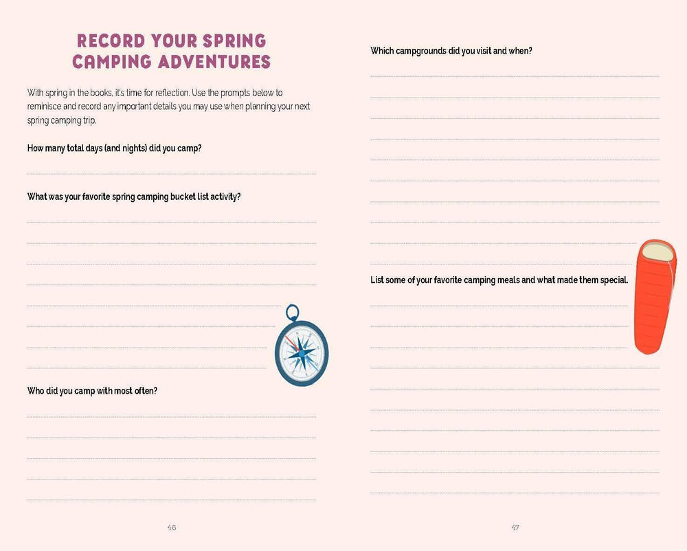 Page from a book or journal asking about spring camping adventures with prompts and illustrations.