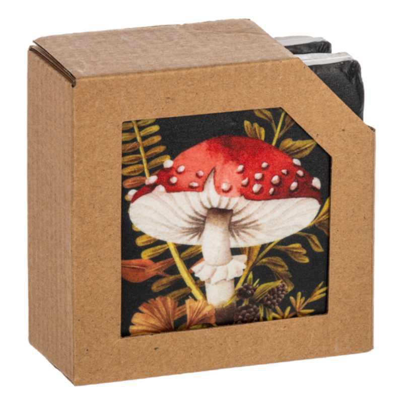 Cardboard box with a mushroom design on a white background