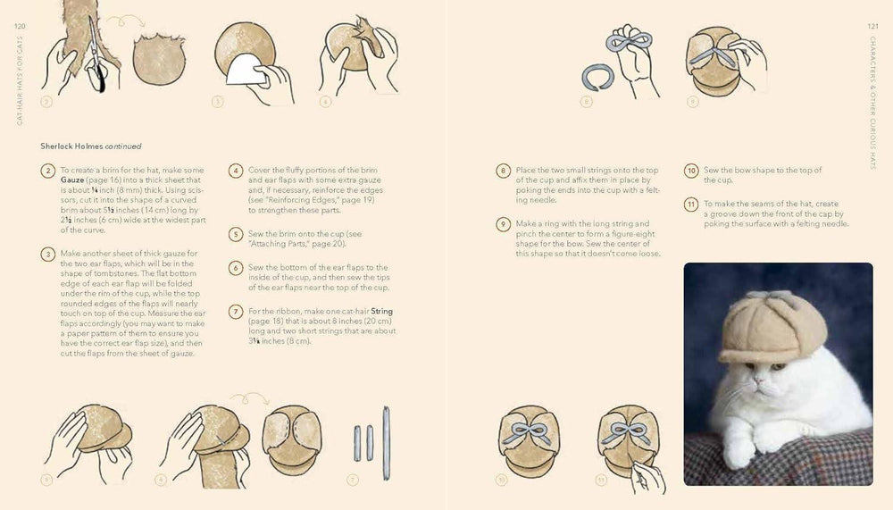 Step-by-step guide on how to make a cat hat with illustrations and text.