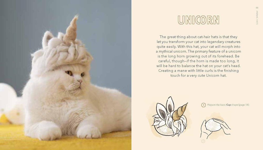 Cat wearing a unicorn hat with text explaining the product on the right.