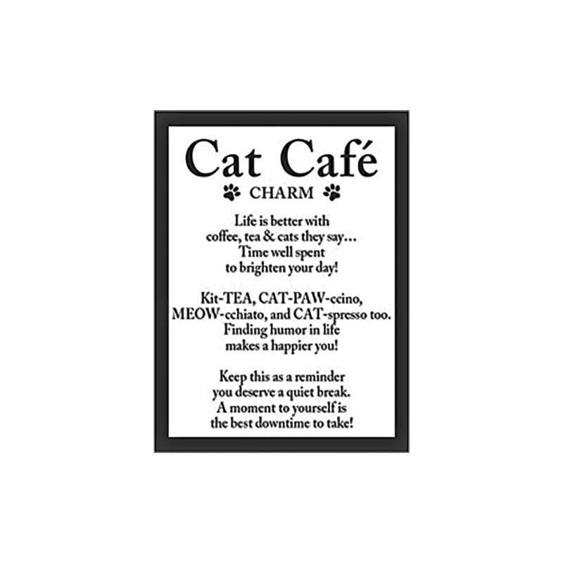 Framed text poster with 'Cat Café Charm' quote on a white background