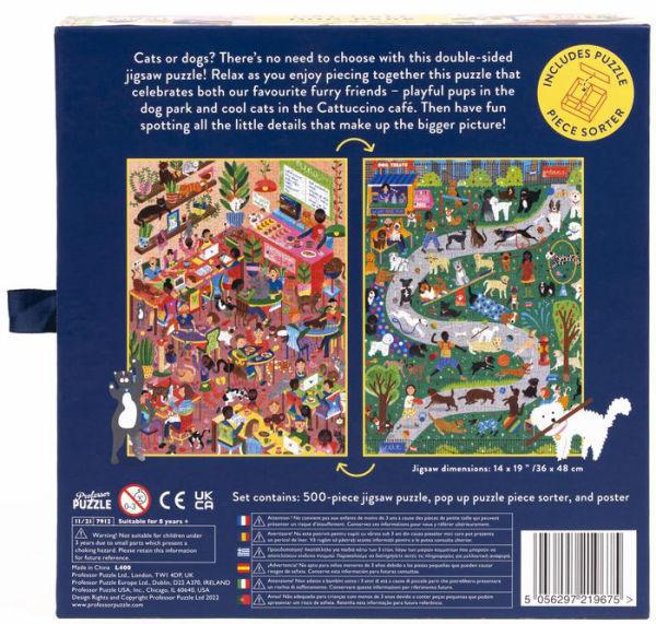Back cover of a puzzle packaging with illustrations of dogs and cats, text, and a barcode.