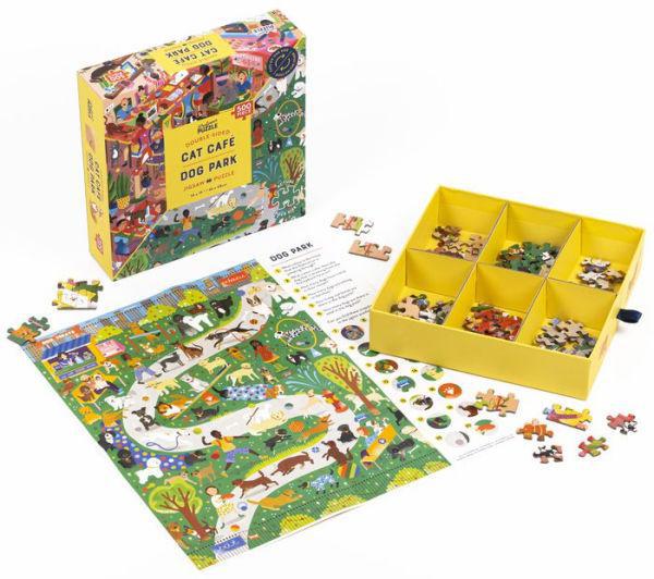 Puzzle set with a colorful box, puzzle pieces, and instructions on a white background