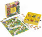 Puzzle set with a colorful box, puzzle pieces, and instructions on a white background