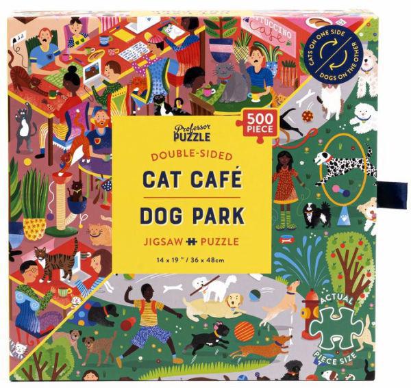 Double-sided puzzle packaging for 'Cat Café' and 'Dog Park' with colorful illustrations on a white background.