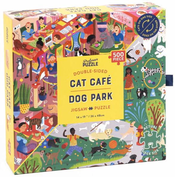 Double-sided puzzle box for 'Cat Cafe Dog Park' with colorful illustrations on the packaging.