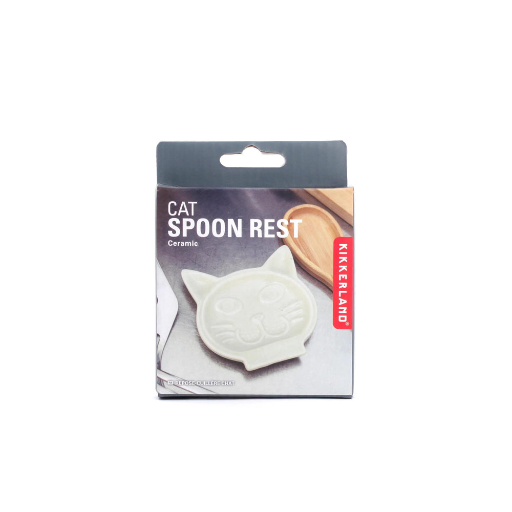 Cat-shaped spoon rest in Kikkerland packaging on a white background