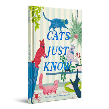 Book cover of 'Cats Just Know' with colorful cats and plants on a striped background