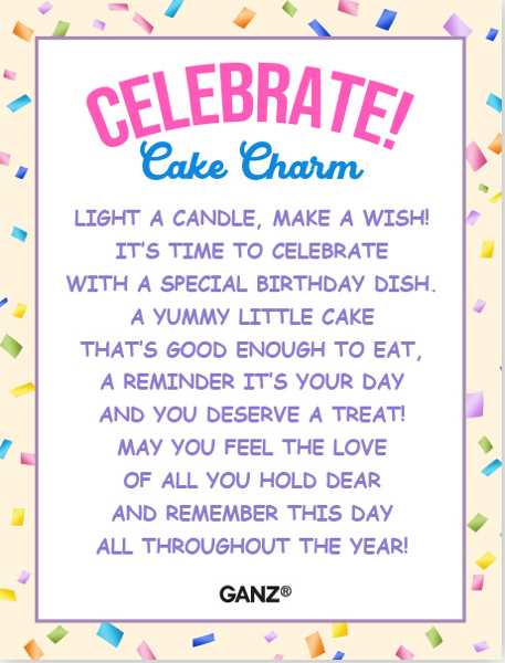 Birthday-themed card with colorful confetti border and text, featuring the brand 'Ganz'.