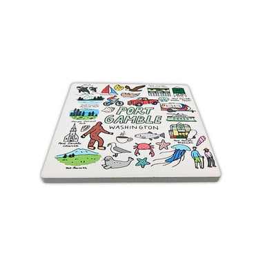 Coaster with illustrations of Port Gamble, Washington on a white background