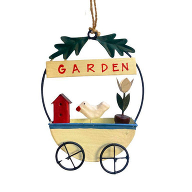 Charming Hand-Painted Tin Wagon Garden Ornament with Birdhouse and Tulip