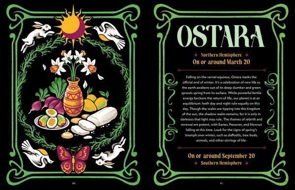 Illustration of Ostara, a pagan holiday, with symbols and text on a black background.