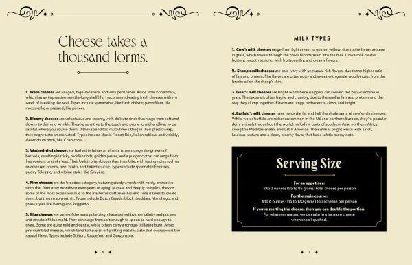 Page from a book or magazine about cheese, with text and a serving size label.