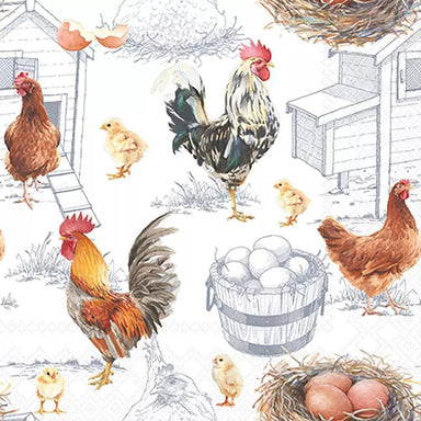 Pattern of chickens, roosters, and eggs on a white background