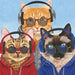 Three cats wearing headphones, sunglasses, and colorful outfits on a blue background
