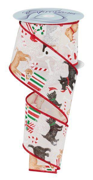 Christmas Dogs Wired Ribbon 2.5" x 10 Yards | Festive Holiday Decor