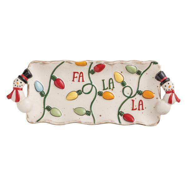 Decorative tray with Christmas lights and snowmen on a white background