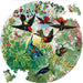 Circular jigsaw puzzle with colorful birds and foliage