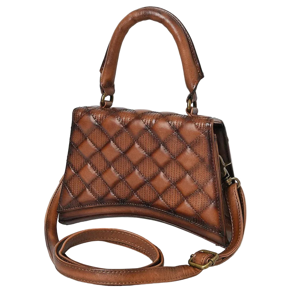 Cognac Quilted Leather Top Handle Crossbody Bag