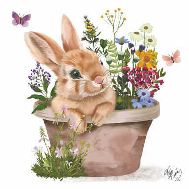 Illustration of a rabbit sitting in a flowerpot with flowers and butterflies on a white background