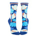 Blue socks with colorful abstract patterns on a white background