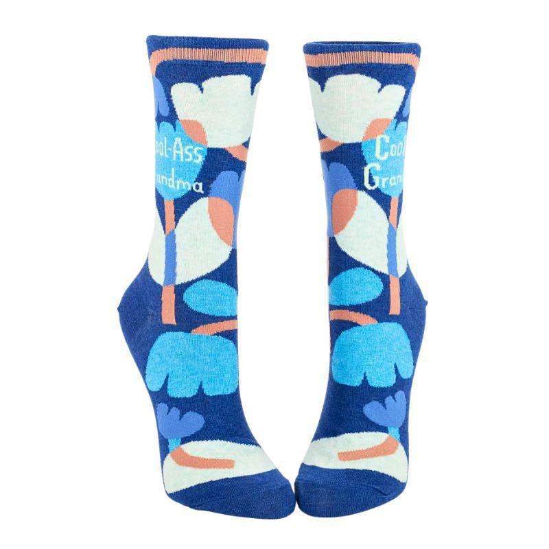 Blue socks with colorful abstract patterns on a white background