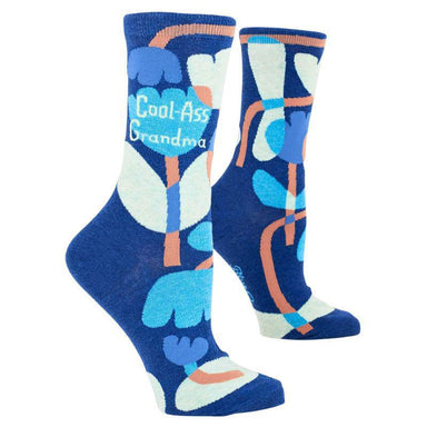 Blue socks with abstract patterns and 'Cool-Ass Grandma' text on a white background
