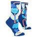Blue socks with abstract patterns and 'Cool-Ass Grandma' text on a white background