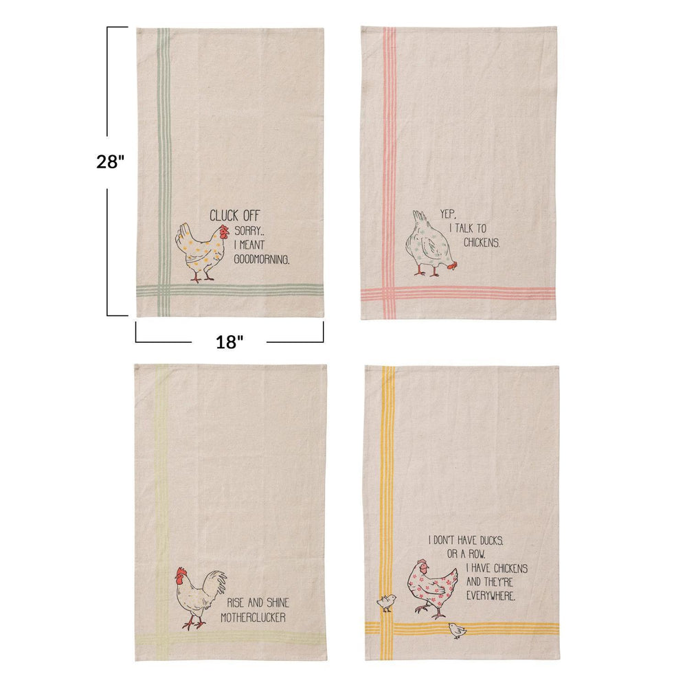 Four kitchen towels with chicken designs and text, shown with measurements on a white background.