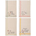 Four kitchen towels with chicken illustrations and humorous text on a white background