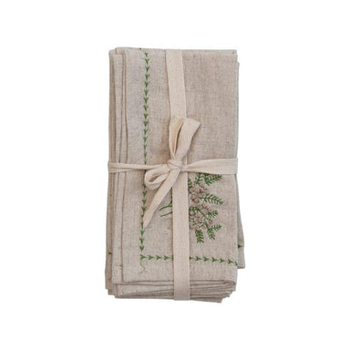 Cotton & Linen Embroidered Botanical Napkins, 18" | Set of 4