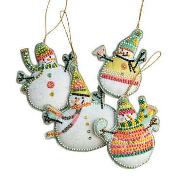 Colorful snowman-themed Christmas ornaments on a white background