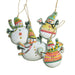 Colorful snowman-themed Christmas ornaments on a white background