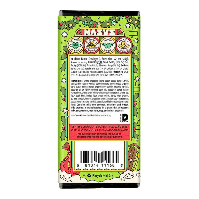 Back of a candy bar packaging with colorful design and text.