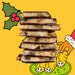 Stack of chocolate-covered treats with a holly leaf and Santa Claus illustration on a yellow background
