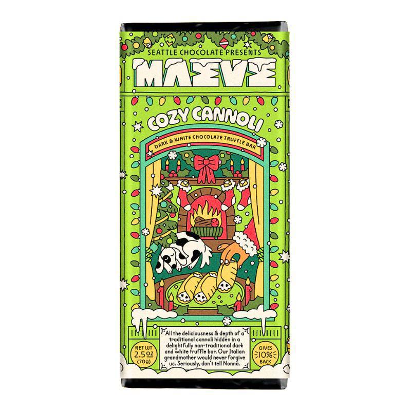 Chocolates packaging with a festive design featuring a dog and a campfire.