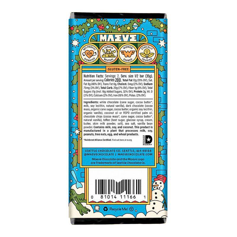 Mazeled chocolate bar packaging with colorful design and text on a white background