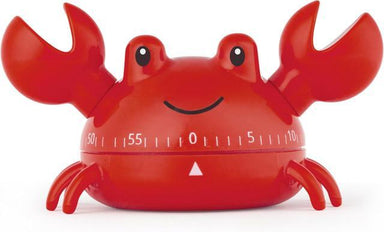 A red crab-shaped kitchen timer with a smiling face and measurement markings on the front, shown on a plain white background.