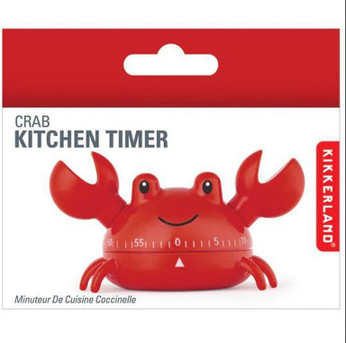 Kikkerland Crab Kitchen Timer in red, shown in its retail packaging with a white and red backing card.