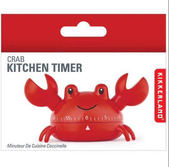 Kikkerland Crab Kitchen Timer in red, shown in its retail packaging with a white and red backing card.