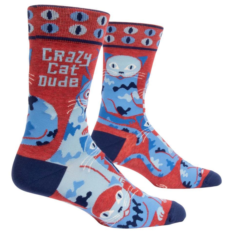 Socks with cat design and 'Crazy Cat Dude' text on a white background
