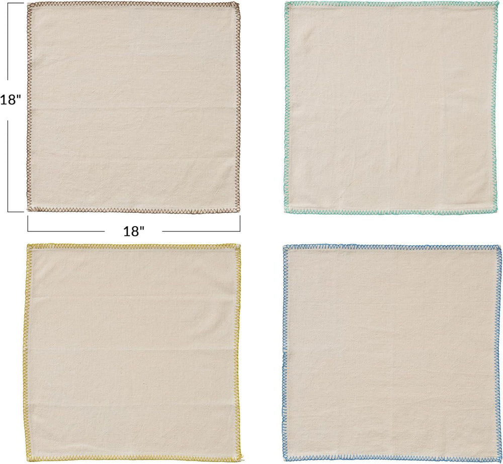 Four beige square cloths with colorful edges, each measuring 18x18 inches, on a white background.