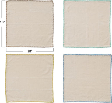 Four beige square cloths with colorful edges, each measuring 18x18 inches, on a white background.