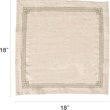 Beige napkin with a decorative border and dimensions on a white background