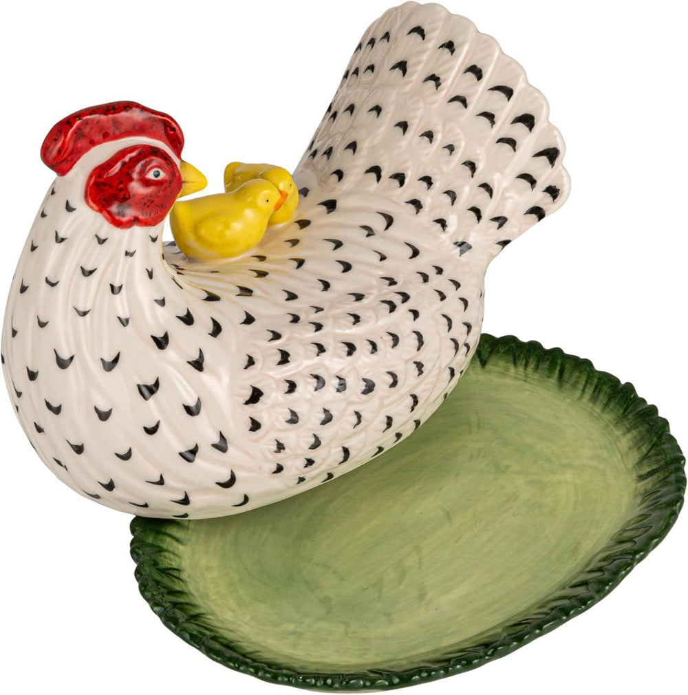 Ceramic chicken-shaped platter with a small yellow chick on a white background